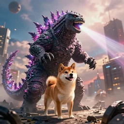 godzilla as a shiba inu in a Godzilla: King of the Monsters still film directed by Christopher Nolan, shooting beams from its mouth and toppling over cities, epic action scene