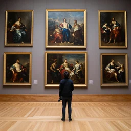 a professional photo of a museum full of classical oil paintings. in the middle of the floor stands person, holding a camera.