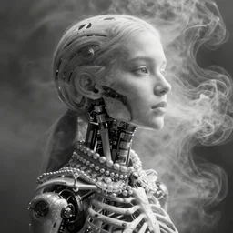 black and white dreamy foggy smoky profile face portrait, single skeletal biomechanical beautiful young female cyclops - cyborg - robot bust, body ribs meshes,, volumetric light, rim light, by dora maar and cecile beaton, big gothic fashion pearl embroidered collar, 8 k
