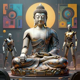 budha robot by artstation, deviantart, artfol, artslant artbox, cgsociety, gfxartist, artful, zatista, artpal, instagram, blendernation, frank stella, beeple, giger, kopera, zawadzki, synth - wave, hyperrealism, futurism 4 k, octane render