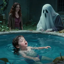 a ghost resembling a kid is drowning while a ghost resembling a woman watches, insanely detailed, photorealism, from the movie Gummo