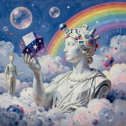 surreal gouache painting, clouds, vaporwave marble statue, ruan jia, conrad roset, bubbles, orbs, incredibly detailed, floating molecules and a mannequin artist holding an icosahedron with stars, clouds, and rainbows in the background, retrowave, modular patterned mechanical costume headpiece, masterpiece, intricate, elegant