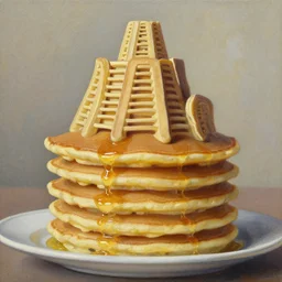 stack of buttermilk pancakes in the shape of the tower of babel by thomas kinkade, oil on canvas