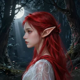 side portrait headshot high-fantasy elf girl with detailed pointed sharp long ears, translucent off-white gown and red cloak, fantasy forest landscape, moon rays, fantasy magic, feathery red hair, dark light night, intricate, elegant, sharp focus, illustration, highly detailed, digital painting, concept art, matte, art by WLOP and Artgerm and Greg Rutkowski and Alphonse Mucha, masterpiece