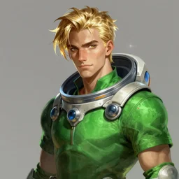 artstation fantasy portrait,  artist of Utopia, a human male, a dashing space hero with blond hair, wearing a green shirt