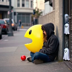 pac - man down on his luck homeless on the streets of san francisco, hunting for dots. ghosts hiding around a corner waiting to catch him
