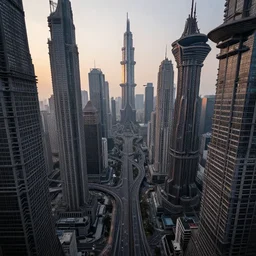 alien supercity, dense metropolis, brutalist architecture, bizarre and imposing megastructures, vanishing point perspective, drone speedways, twilight, style of Doug Chiang