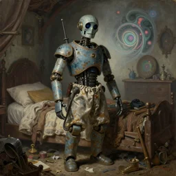 classic oil painting, a tarnished robot dressed in medieval pajamas, as a dnd character, inside a cluttered bedroom, cottagecore, highly detailed, digital illustration, concept art, smooth, sharp focus, art by roy c. krenkel, and boris vallejo, and manuel sanjulian, mystic, fractals, fog