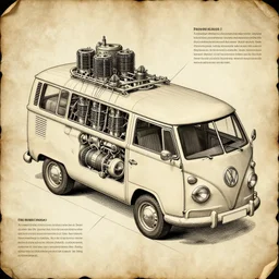 detailed schematic for a vw vanagon with rocket engines, faded parchment, aged, descriptions, highly detailed, 8 k,