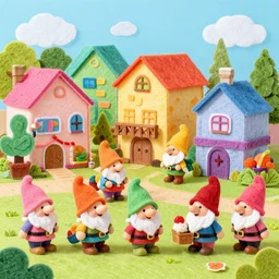 cute vibrant felt town with happy gnome villagers with primary color composition
