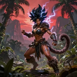 barbarian warrior woman with chimera monkey tail, monkey tail, furry tail, barbarian pelt, cavewoman, black hair, electrified hair, wild spiky black saiyan hair, surrounded by electrical aura, prowling around primeval jungle, palm trees, rocks, mountains, red sky, hyperdetailed, ultra high definition, realism, 4 k, frank frazetta
