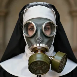 closeup portrait of a gothic nun wearing a gas mask, depth of field, zeiss lens, detailed, symmetrical, centered, fashion photoshoot, by Annie Leibovitz and Steve McCurry, David Lazar, Jimmy Nelsson, Breathtaking, 8k resolution, extremely detailed, beautiful, establishing shot, artistic, hyperrealistic, beautiful face, octane render