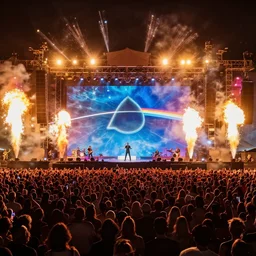 Pink floyd performing under the water on stage, epic rave, huge crowd, explosions, artistic, 8k