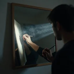 photo of a painter in the mirror, rays of light, dark color scheme