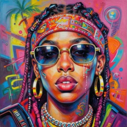 beautiful painting of hiphop solarpunk summertime chill, by kevin gnutzmans, trending on artstation, 8 k, masterpiece, graffiti paint, fine detail, full of color, intricate detail, golden ratio illustration, face enhance