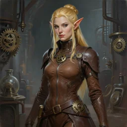 painting of alluring techomancer brown elf in the factory, detailed face, tied golden hair, skintight tuffle coat, belts, short pointy ears, gears accessories, high fantasy, dnd, smooth, sharp focus, award - winning, masterpiece, extremely detailed, intricate, art by rebecca guay, wlop, collectable card art