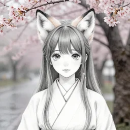 an sketch art of a cute girl with fox ears wearing kimono at a sakura tree by asia ladowska, rainy day, 8 k resolution, oc commission, face sketch, pencil sketch, high quality, highly detailed, long hair, illustration
