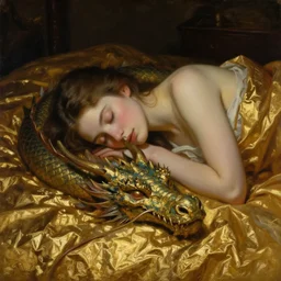 portrait of a young sleeping dragon, dimmed light golden foil bed,  Leonora Carrington painting