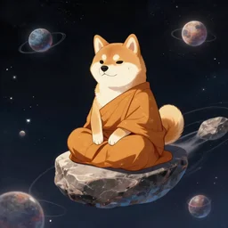A Shiba inu monk sits on a flying rock and travels through the universe , Artstation