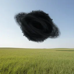 a cosmic blackhole floating over an open grassland