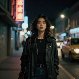 Woman goes by night street under neon lights, noir