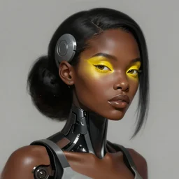 a digital painting of a black female android with futuristic hair and yellow make-up, a comic book panel by Craig Thompson, behance contest winner, afrofuturism, marvel comics, official art, artstation hq