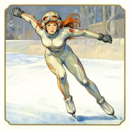 a copic maker art nouveau illustration of a high speed ice skater girl wearing an eva pilot suit designed by balenciaga by john berkey, norman rockwell