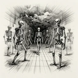 thin chaotic black ink sketch of skeletons in perspective wireframe by finlay von patrick duffill, pencil drawing