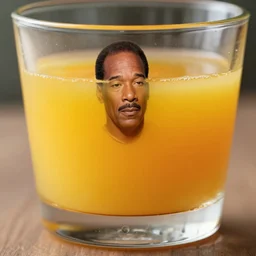 ( miniature real life o j simpson ) floating in [ inside a glass ] filled with orange juice blend mix hybrid