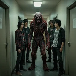 hyperrealistic documentary footage of creepy monster entity creature designed by michael hutter, kentaro miura, junji ito, gantz, hideo kojima, standing at end of long toronto apartment hallway. scp historical archives. david lynchian atmosphere. deep aesthetics of weirdcore