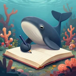 narwhal writing down in a fantasy book, surrounded by coral flowers