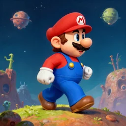 old mario walking on an alien planet, painting by h. r. giger