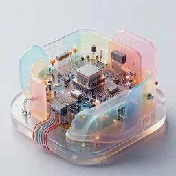 a complex mysterious machine made from circuits, transistors, led, wire, macro photography, translucent pastel panels, smooth stylized shapes, embedded in clear epoxy, macro, overlapping layers, hyper - realistic vfx render