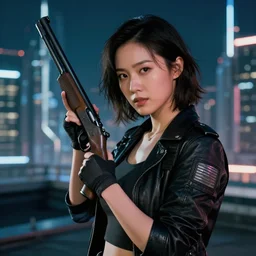photographic portrait of a techwear woman holding a shotgun, closeup, on the rooftop of a futuristic city at night, sigma 85mm f/1.4, 4k, depth of field, high resolution, full color, Die Hard, movies with guns, movie firearms
