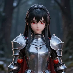 portrait focus of knight beautiful 3D anime girl, tomato armor wearing, dark forest background, snowing, bokeh, inspired by Masami Kurumada, digital painting, high contrast, unreal engine render, volumetric lighting, high détail