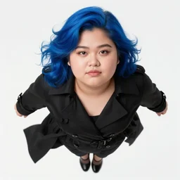 thick chubby filipina amihan superhero, exaggerated perspective, flying toward camera, beautiful detailed face, bright blue hair, long black trench coat, fully clothed, action pose, comic book style, highly detailed, dynamic shadows, dynamic lighting, geoff johns, jason fabok, jason fabok, brad anderson, splash art