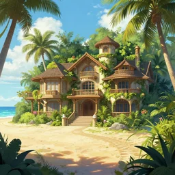 jungle mansion by greg rutkowski. day beach by dan mumford.