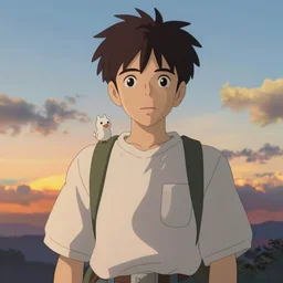 Teenager boy and small creature, sunset sky, made by Studio Ghibli, accent lighting, front lit, highly detailed art, beautiful scene, sharp focus, smooth, 8k, anime art
