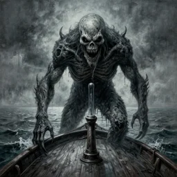 michal karcz grunge painting of the eerie view of the ocean from a boat, monster and horror theme. monster theme, detailed, elegant, intricate, 4 k,
