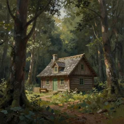 a painting of a cottage in the woods and empty woods, 8k, fantasy, hyper realistic, dramatic lighting