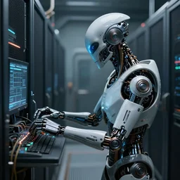 high detailed industreal cyborg working in sci - fi server room. cinematic shot from alien isolation