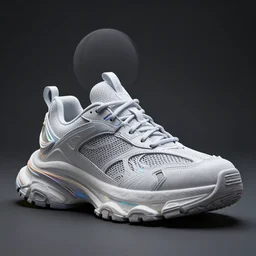 product photography extremely detailed futuristic sports sneakers with a detailed foam sole, with holographic elements, 3 d model, hyperrealism, balenciaga style ultra rendered extreme realism and detail, 8 k, highly detailed, realistic, completely framed, pbr, hyper realistic, photorealistic, sharp focus,