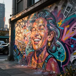 beautiful graffiti on a wall in a cyberpunk city, happy mood, futuristic, high detail, sunset, realistic