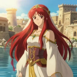 a full body portrait of a japanese, with long red hair dressed as an arabian princess, sun lighting, water, finely detailed features, perfect art, at an ancient city, gapmoe yandere grimdark, trending on pixiv fanbox, painted by greg rutkowski makoto shinkai takashi takeuchi studio ghibli,, akihiko yoshida