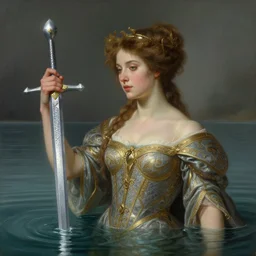 portrait of the lady of the lake rising from the water holding excalibur, intricate, elegant, highly detailed, digital painting, artstation, concept art, smooth, sharp focus, illustration, art by artgerm and greg rutkowski and alphonse mucha and william - adolphe bouguereau