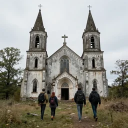 hikers coming across a abandoned church in the style of craig mullins