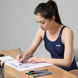 a young gorgeous Chinese woman wearing sport racing competitive one piece swimsuit leotard, worksafe, colored pens sketch