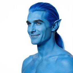portrait of a [ blue skin ] male with blue skin and elegant smiling chiseled jaw, elf ears, beautiful man, blue hair in a ponytail cropped on the sides, white background, by edward hopper and greg rutkowski