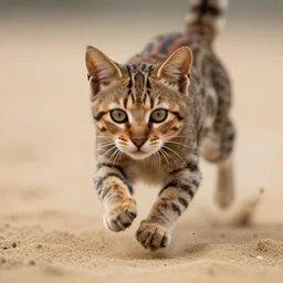 macro photo by national geographic of a rusty spotted cat jumping from below through sand, fast shutter speed, motion blur, tiny gaussian blur, insanely detailed, insanely intricate, depth of field, low contrast, wide aperture, action photography