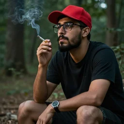 a young duck bearded middle eastern american male with wayfarer glasses and red baseball cap sitting in the woods smoking a cigarette + cinematic lighting